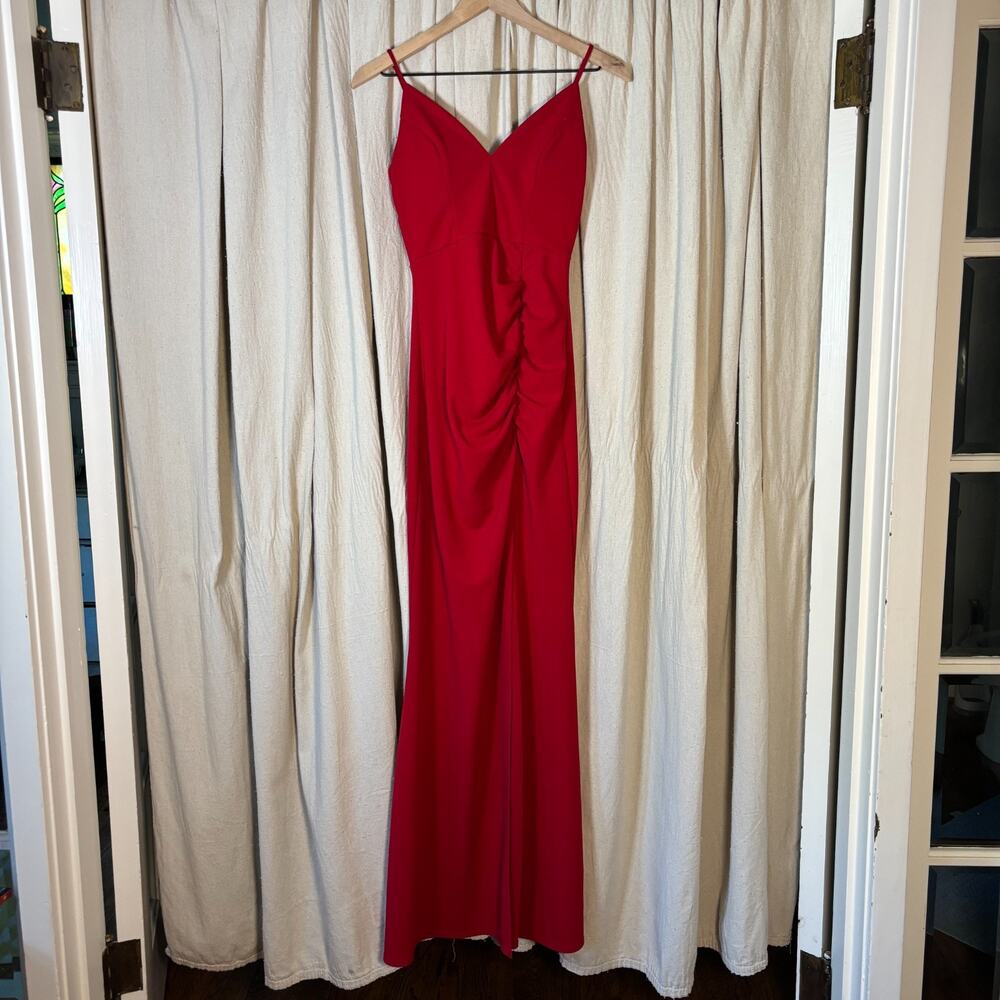 Red Ruched Spaghetti Strap Formal Gown Slit Prom Dress Medium